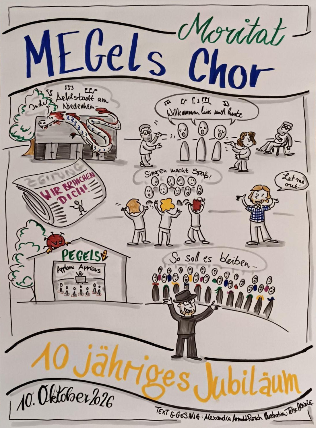 MEGels-Moritat_Illustration Das Bild zeigt eine Illustration der Chorentstehung (vor 15 Jahren) und der Entwicklung (10 Jahre unter der Leitung von Manuel Maag). Diese wurde live gezeichnet, während ein Moritat bei der anschließenden Feier des Konzerts zum Besten gegeben wurde. - Entstanden am Michael-Ende-Gymnasium - Unter der Leitung von Heinz Klaus (klassisch Orientiert) - Gesundheitsbedinkter Chorleiterwechsel - Suche über die Zeitung - Probedirigat von 3 Chorleitungen. - Probedirigat durch Manuel Maag mit eigenem Song ("Let me out") und Neuausrichtung der Musik (eher Pop/Jazz/...). - Während der Corona-Zeit Proben unter erschwerten Bedingungen - Jubiläumskonzert (15 Jahre MEGels, 10 Jahre unter der Leitung von Manuel Maag) mit dem Motto "So soll es bleiben".